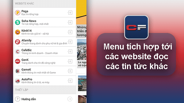 Menu tích hợp tới các website đọc các tin tức khác
