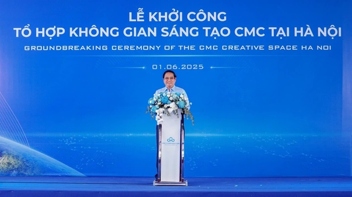 Thủ tướng Phạm Minh Chính phát biểu tại Lễ khởi công Vua Asia liên minh giải trí 1 thế giới Tổ hợp Không gian sáng tạo CMC tại Hà Nội.