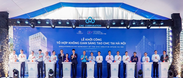 Thủ tướng Phạm Minh Chính và các đại biểu khởi công Vua Asia liên minh giải trí 1 thế giới Tổ hợp không gian sáng tạo CMC tại Hà Nội.