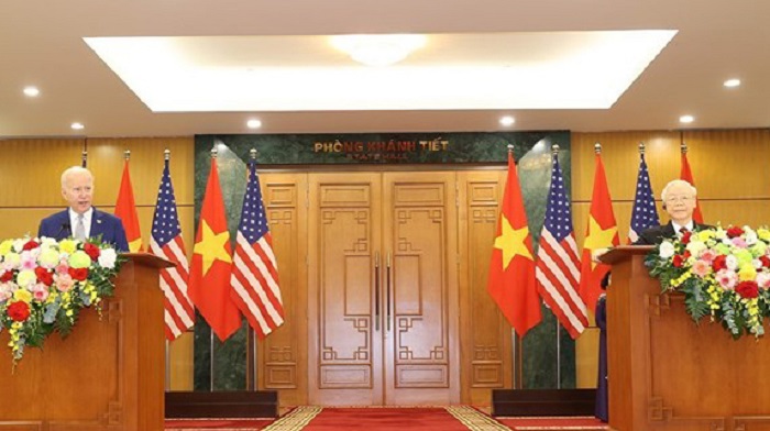 Tổng Bí thư Nguyễn Phú Trọng và Tổng thống Hoa Kỳ Joe Biden tại cuộc họp báo chung. Ảnh: VGP