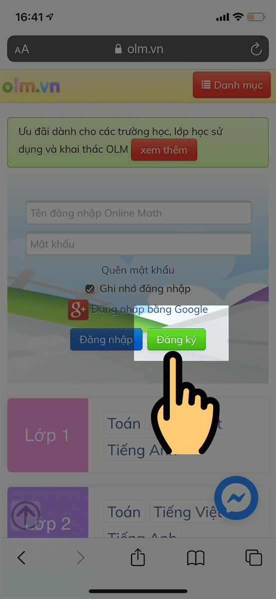 Chọn Đăng ký