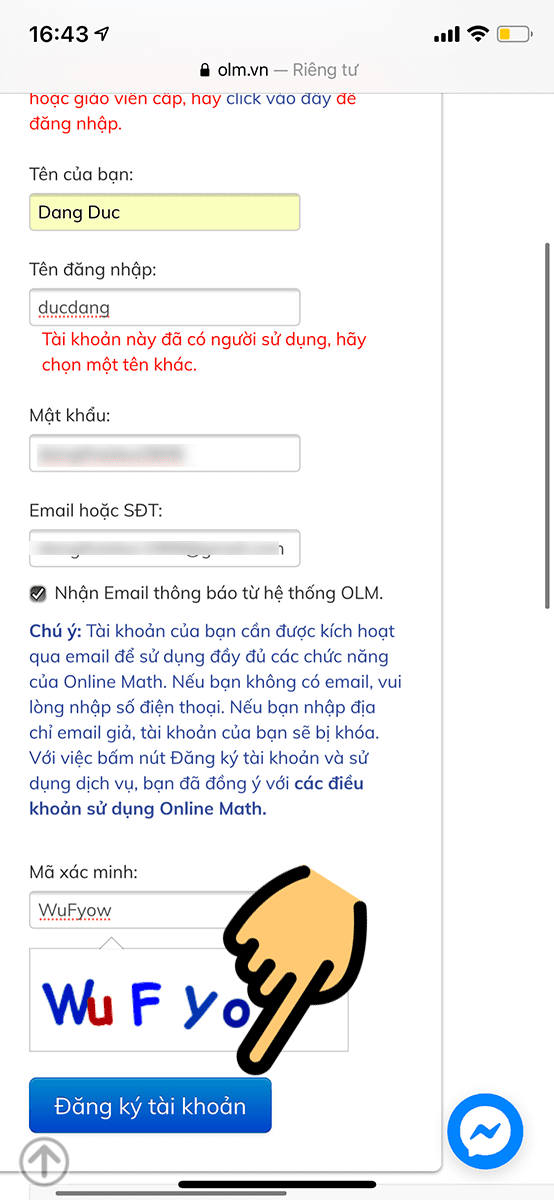 Đặt tên tài khoản, mật khẩu